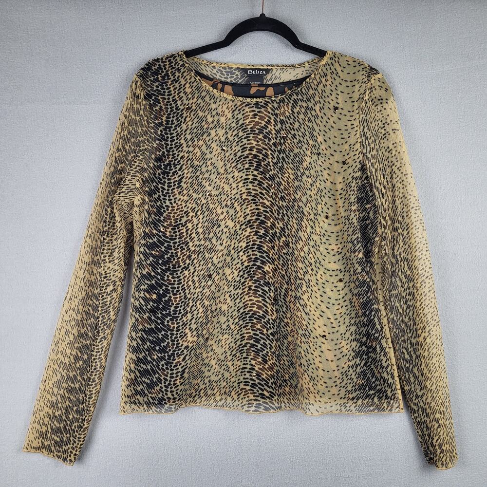 Beliza Women's Size L Long Sleeve Mesh Overlay Animal Print Top Cheetah Leopard